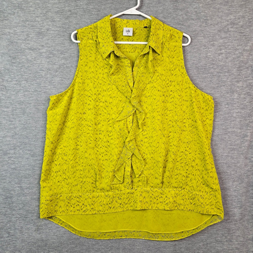 Cabi Lime Green Animal Print Ruffle Front Sleeveless Blouse Women's Size XL